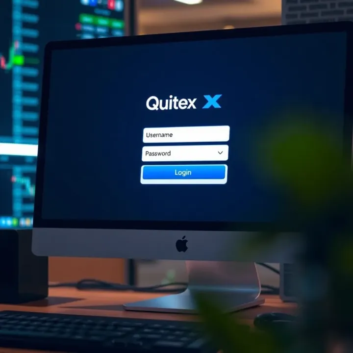 Computer screen displaying the Quotex login page with fields for username and password