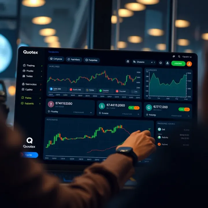 User interface showing Quotex official platform dashboard with trading options and analytics