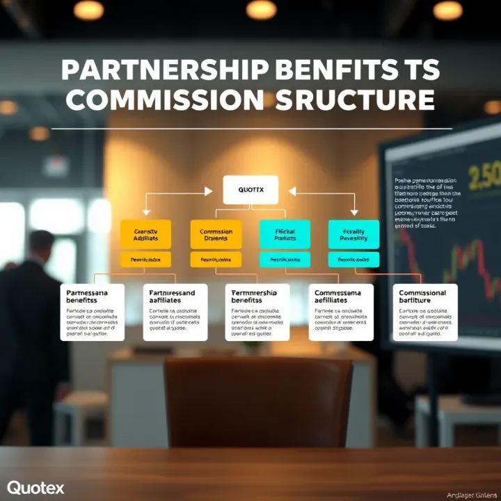 Diagram showing the flow of partnership benefits and commission structure for Quotex affiliates