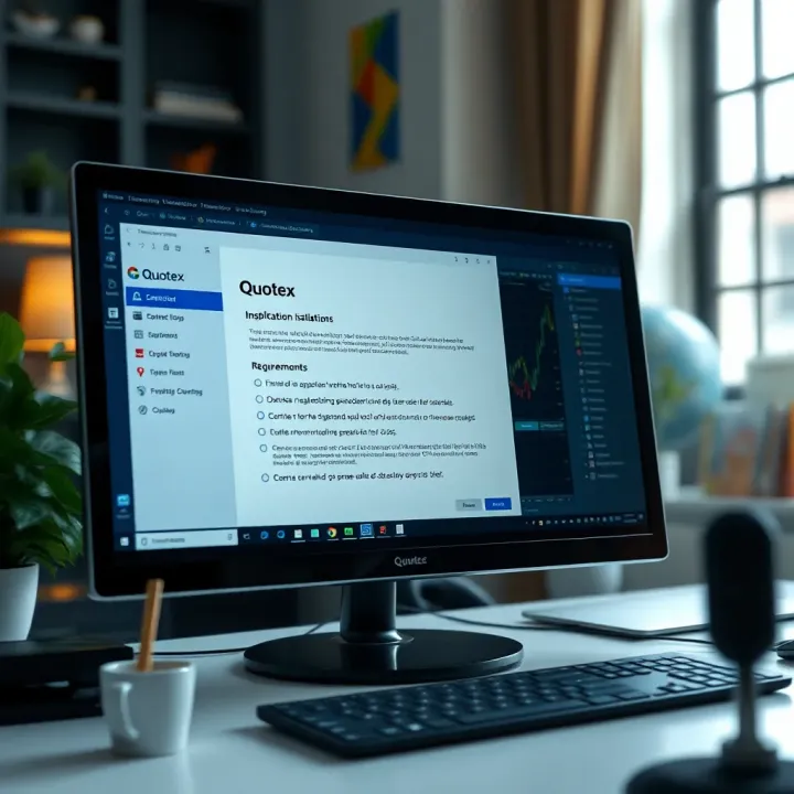 Computer desktop with Quotex application installation window and system requirements checklist