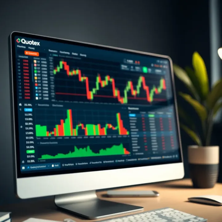 Screenshot showing the Quotex trading platform interface on a desktop computer with various charts and trading tools visible
