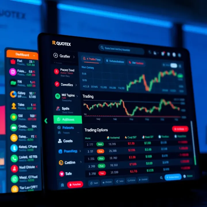Dashboard interface showing various financial trading options on Quotex platform