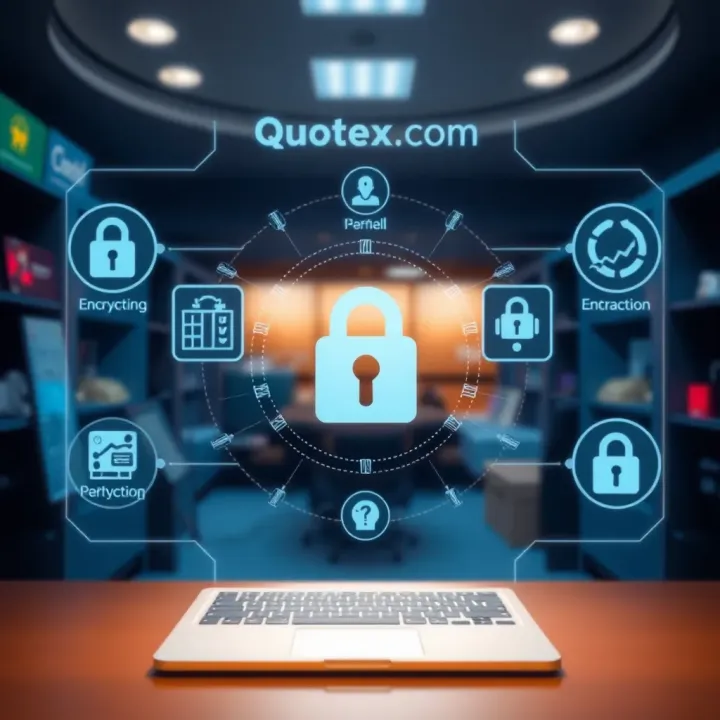Visual representation of Quotex.com security features including encryption and safe transaction icons
