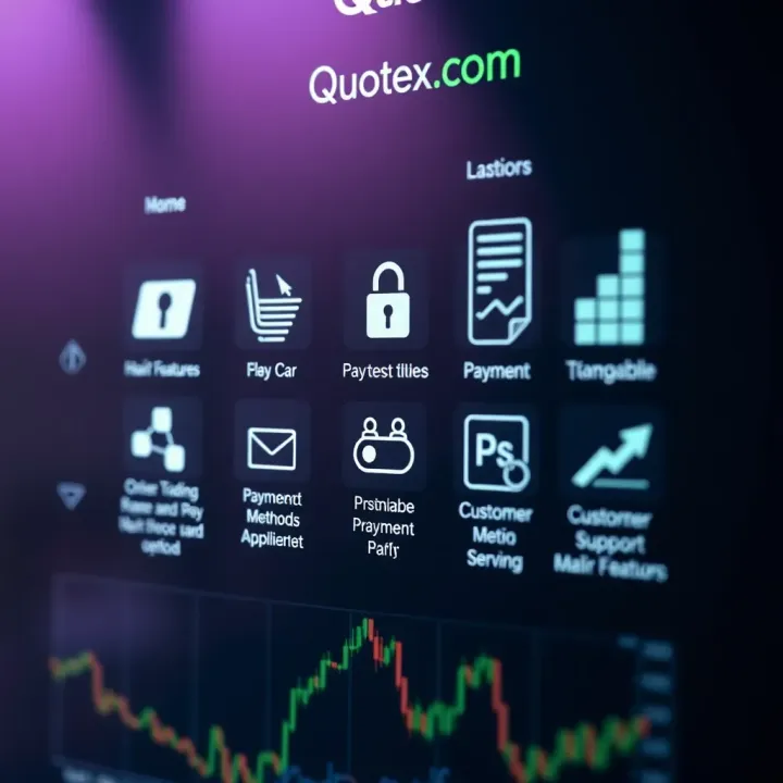 Icons representing security features, payment methods, and customer support options on Quotex.com