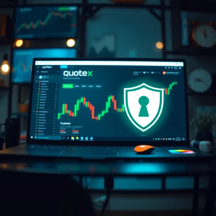 Illustration of a secure desktop environment emphasizing safe usage of Quotex trading application with protective icons