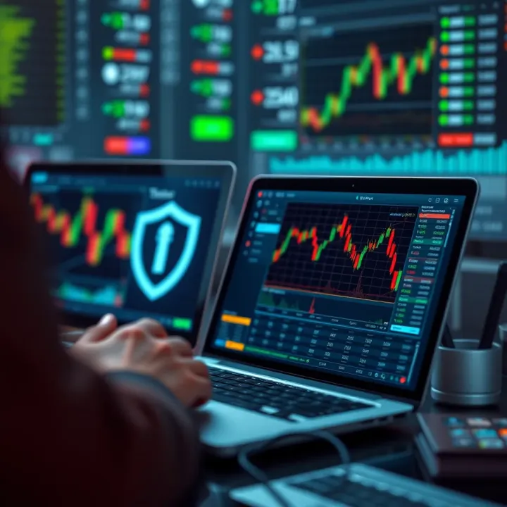 Illustration of secure online trading with protected connections and data encryption