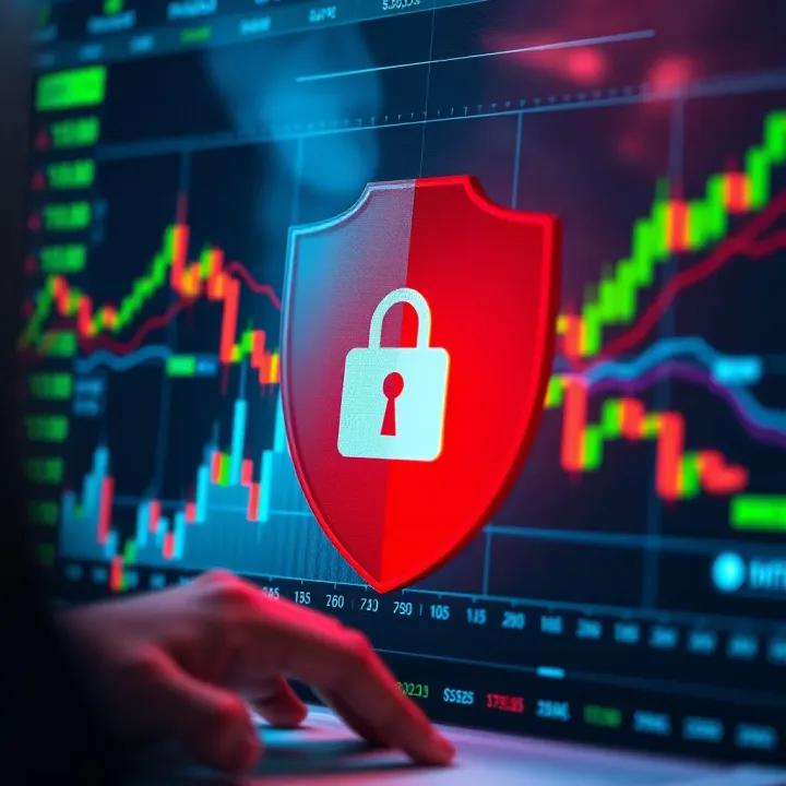 Illustration of secure online trading with protective shield and financial graphs indicating risk management