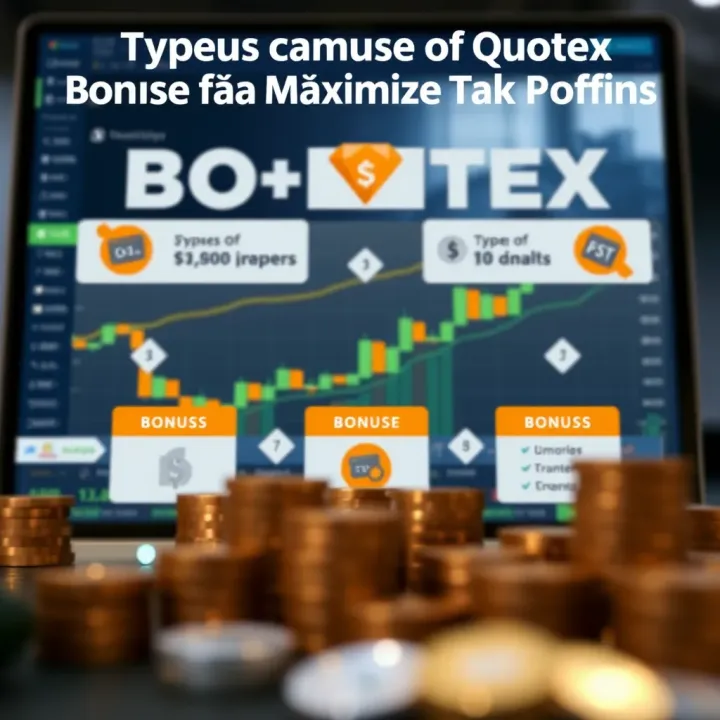 Infographic showing different types of Quotex bonuses and tips to maximize profits
