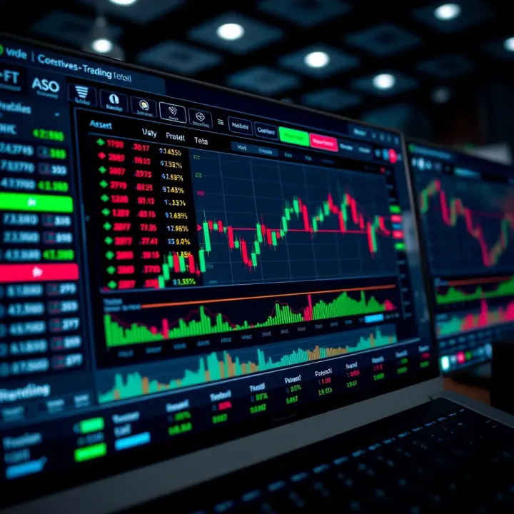 Digital trading platform interface showing various asset options and trading charts